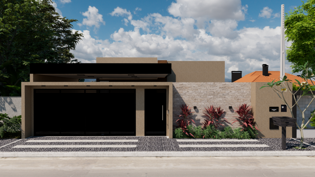 Projeto real de fachada residencial desenvolvido pela Aedificare (imagem 3D)
