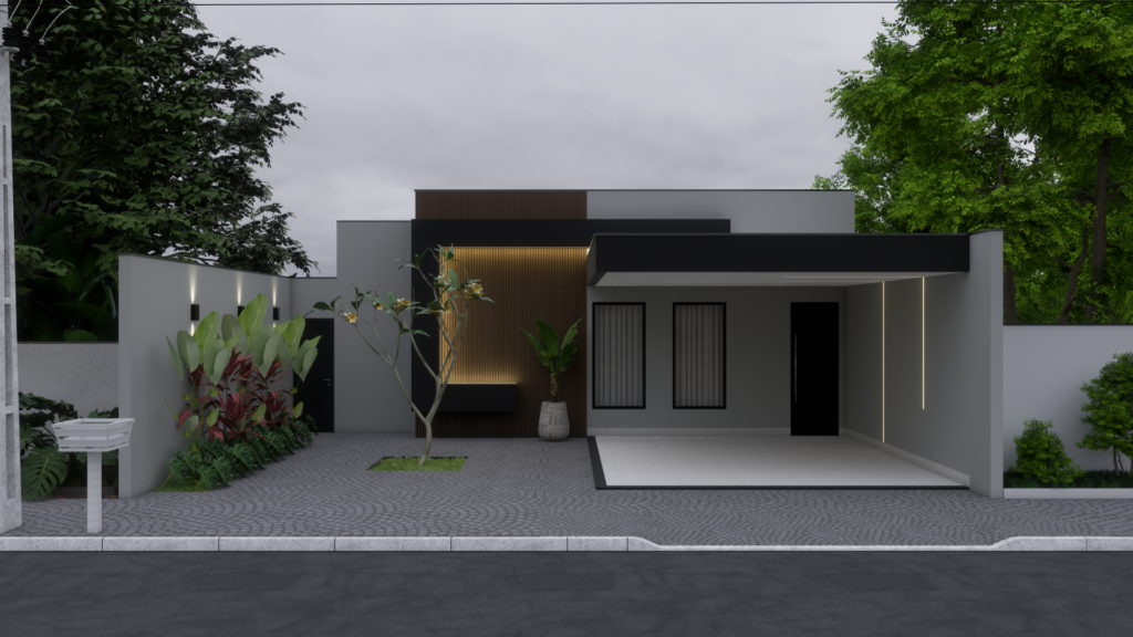Projeto real de fachada residencial desenvolvido pela Aedificare (imagem 3D)