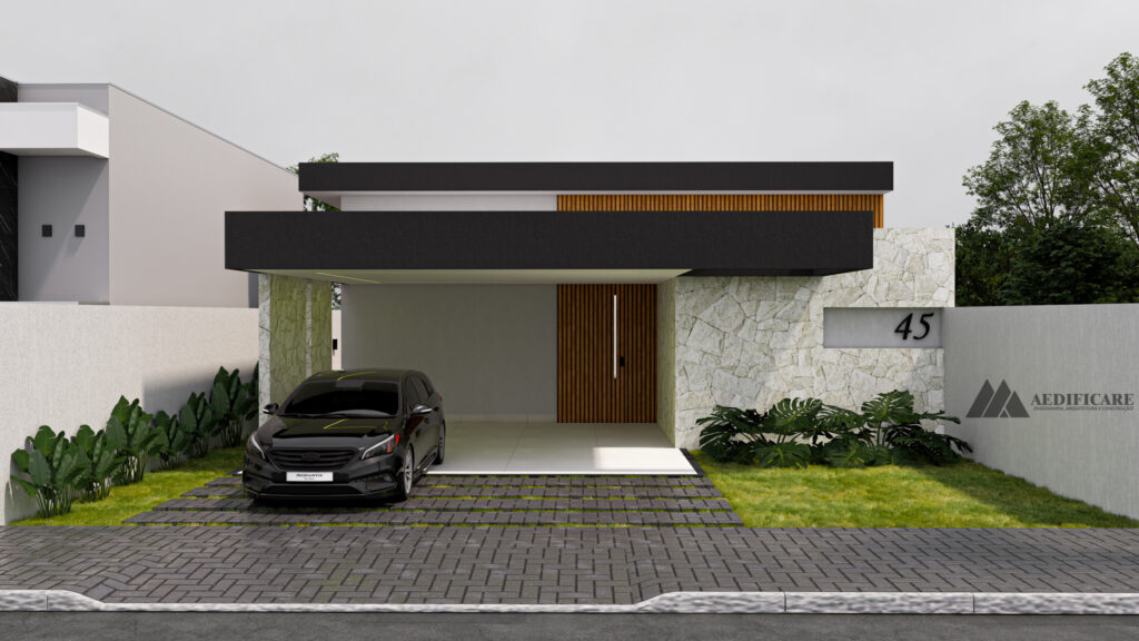 Projeto real de fachada residencial desenvolvido pela Aedificare (imagem 3D)
