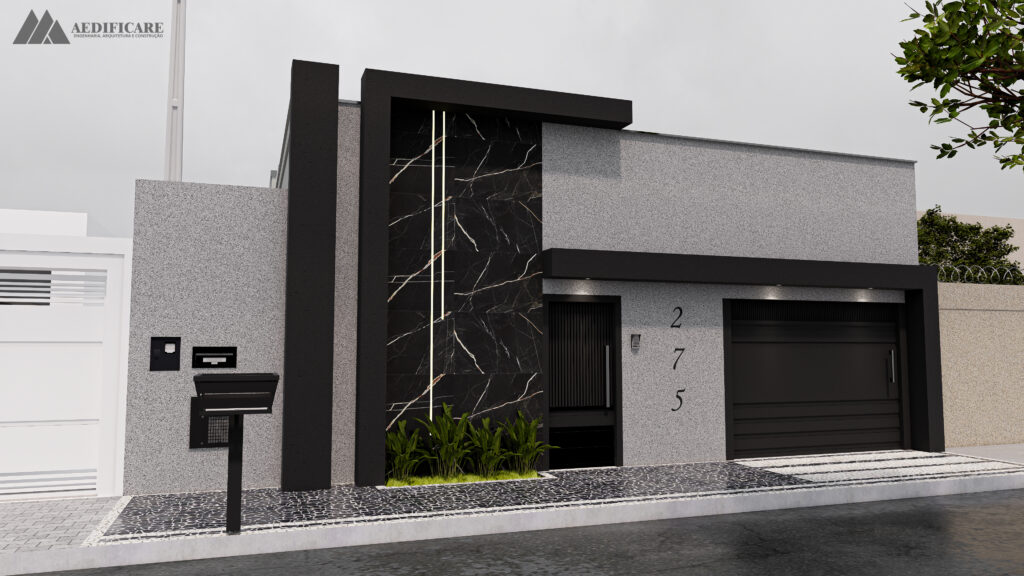 Projeto real de fachada residencial desenvolvido pela Aedificare (imagem 3D)